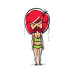 Vector full-length portrait of sad crying woman, cartoon persona