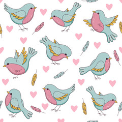 Vector seamless easter pattern with birds, hearts and feathers.