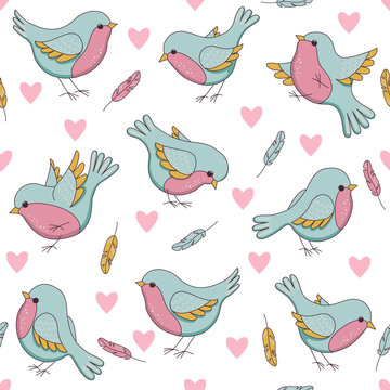 Vector seamless easter pattern with birds, hearts and feathers.