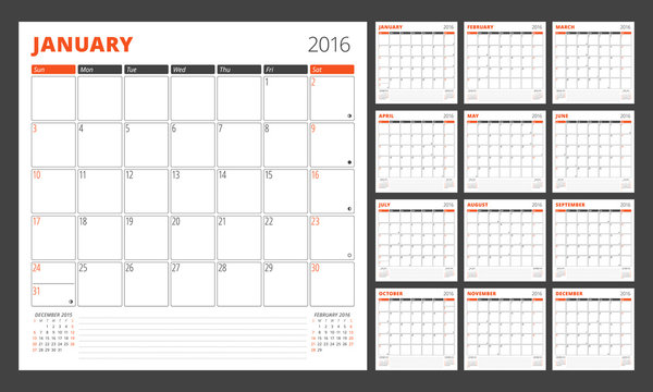 Calendar Planner for 2016 Year. Set of 12 Months. Design Print Template with Place for Photos and Notes. Week Starts Sunday. Stationery Design