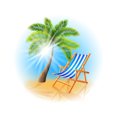 Palm tree and deck chair isolated on white vector