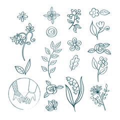 Doodles flower, branches, couple holding hands, decor elements set. For design template, invitations, logo. Outline. Isolated. 