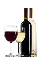 Red and white wine bottles with glasses