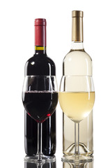 Red and white wine bottles with glasses