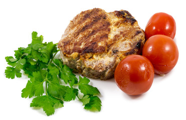 steak with tomatoes and parsley isolated on the white background