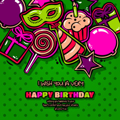 Birthday card with items, balloon, cake, hat, star, lollipop, masquerade and gift on dotted background. Vector
