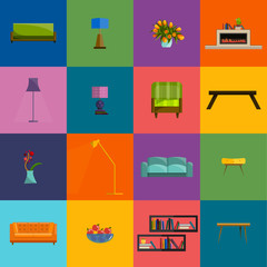 Vector collection of modern flat furniture icon set. 