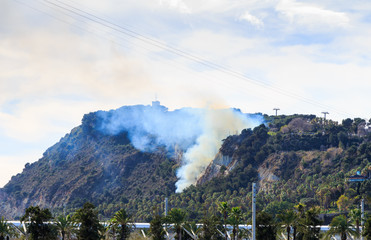 Fototapeta premium Barcelona. View of the Montjuic hill on fire on February 13th, 2016. Montjuic is one of the most important sights of Barcelona. 