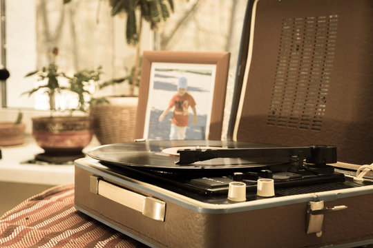 The vintage player of vinyl records 
