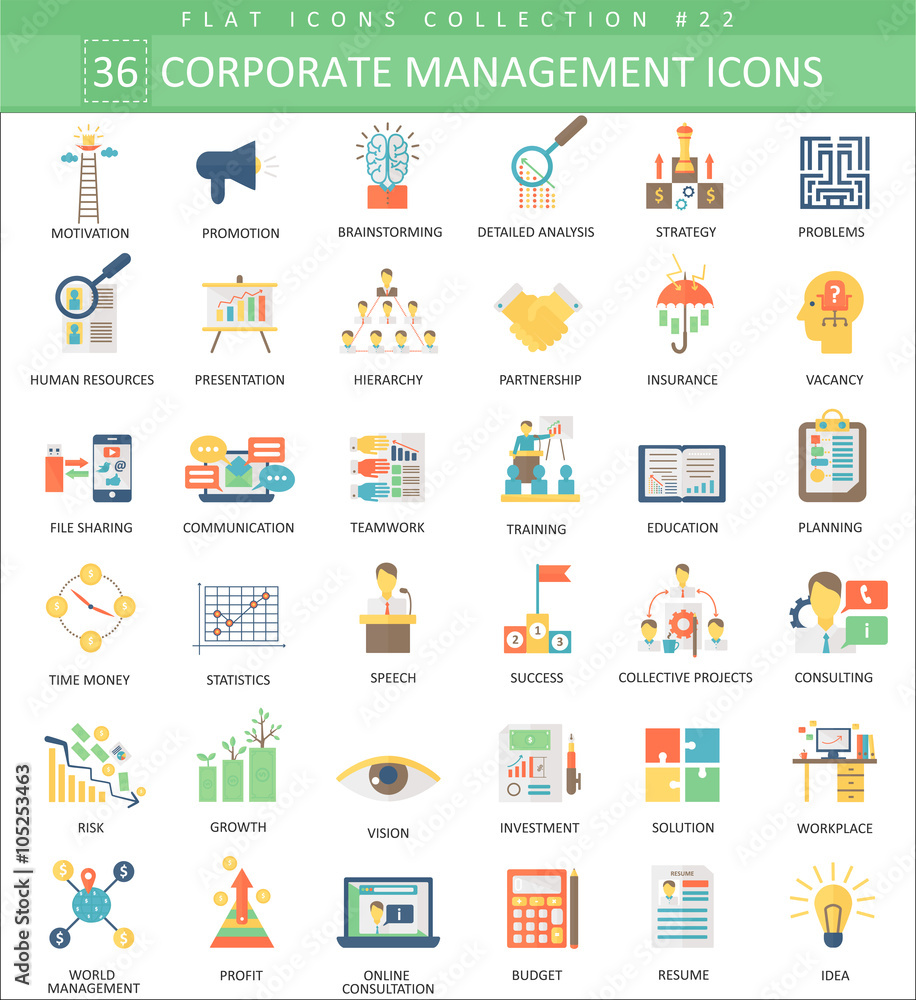 Poster vector corporate managment color flat icon set. elegant style design.