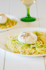 Creamy leek risotto with fresh poached egg