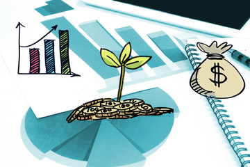 Drawing of plant over pile of coin with business graph in background , business growing concept 