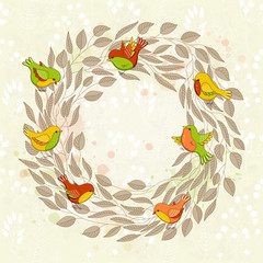 Vector spring card with floral wreath and birds