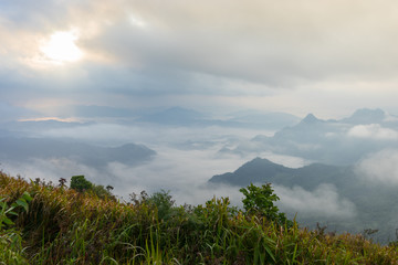 Sunrise scene with the peak of mountain and cloudscape at Phu chi fa in Chiangrai Province,Thailand