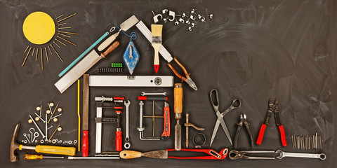 House Composed of Construction Tools - obrazy, fototapety, plakaty