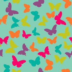 Vector seamless pattern with random purple, pink, orange, green butterflies on blue background. Vintage design for wrapping, textile, fabric, invitation, greeting, wedding cards, websites