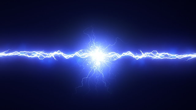Electric arc on black background. Two lightnings converge at one point. It forms a bright glow.