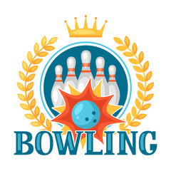 Bowling emblem with game objects. Image for advertising booklets, banners, flayers