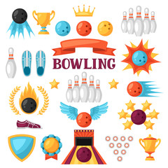 Set of bowling game items. Objects for decoration, design on advertising booklets, banners, flayers