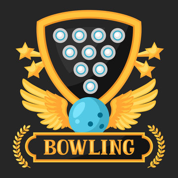 Bowling emblem with game objects. Image for advertising booklets, banners, flayers