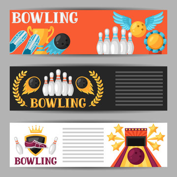 Bowling banners with game objects. Image for advertising booklets, banners, flayers