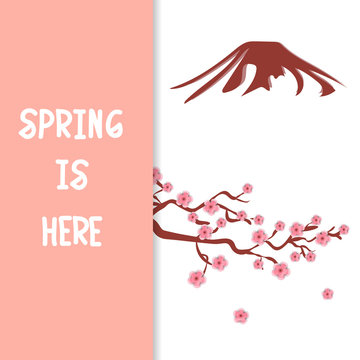 Blossom cherry tree branch and silhouette of Mount Fiji. Spring vector illustration. Card design template. 