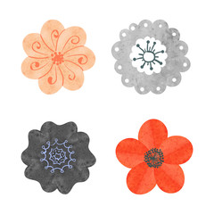Collection of abstract watercolor flowers in vintage style. Set of beautiful flowers isolated on white. 