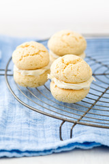 Three vanilla whoopie pies with buttercream filling on cooling rack