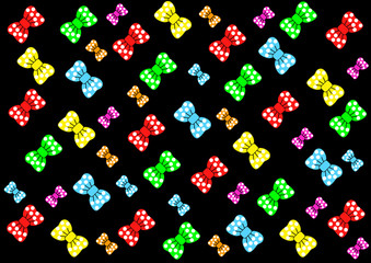 multi-colored bows with white circles on a black background