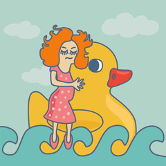 Concept background female swimming ribbon duck