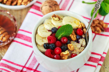 Fresh Greek yogurt with Chia seeds and fresh berries - cranberry, raspberry and sea buckthorn. Diet. Healthy Breakfast
