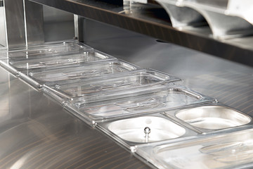 Counter for food warmers in a fast food restaurant