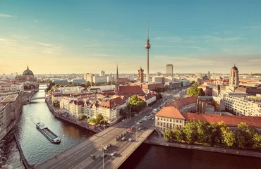  Berlin skyline with Spree river at sunset with retro vintage filter effect, Germany © JFL Photography