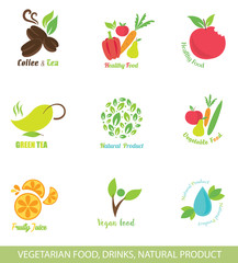 Set of Vector Icons and Design Elements for Organic Food. Vegetarian Food. Vegan Food. Natural Drinks. Healthy Eating.