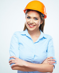 Smiling woman architect white background isolated portrait.