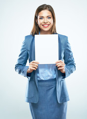 Smiling business woman show white blank sign board.