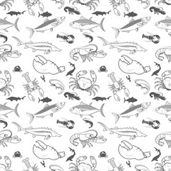 Set of the fish, crabs, shrimps, lobsters. Vector seamless patte