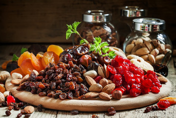 Raisins, dried grapes, dried fruit and nut mix, selective focus