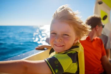 Fototapeten little kid boy enjoying sailing boat trip © Irina Schmidt