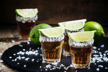 Mexican tequila in shot glasses, selective focus