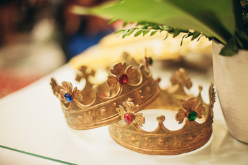 Elegant wedding crown or tiara preparing for marriage in church