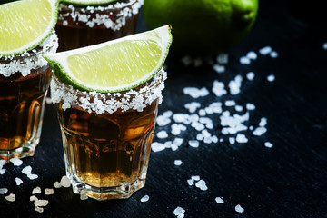 Mexican tequila in shot glasses, selective focus