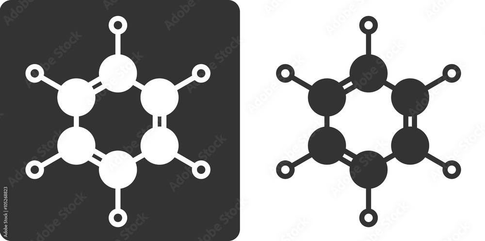 Poster benzene (c6h6) aromatic hydrocarbon molecule, flat icon style.