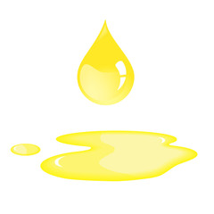 Oil drop and puddle. Sunflower oil drop. Isolated yellow oil drop. Oil drop and spill in vector. Shiny liquid.