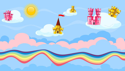 Seamless editable celestial cloudscape with colorful castles and rainbow for game design