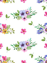 Fototapeta na wymiar Watercolor floral seamless pattern with multicolored flowers,leaves,berries.Colorful floral texture.Spring or summer illustration for invitation,wedding or greeting cards,can be used for wallpapers