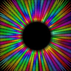 Rainbow furry circle shape with black area in middle, gritty psychedelic rays in life energy aura....