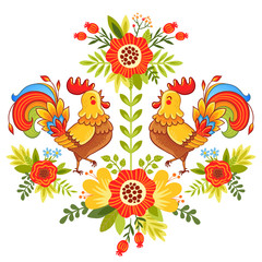 Obrazy na Szkle  Ludowy ornament z kwiatami, tradycyjny wzór. Ilustracja wektorowa koguty jasne i kolorowe kwiaty na białym tle.