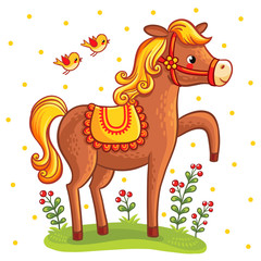 Farm animal. Vector illustration of a horse on a floral lawn on a white background with birds.