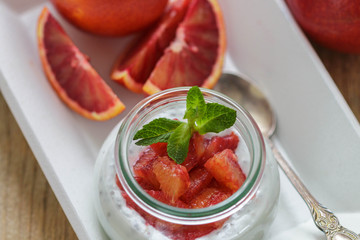 Healthy eating. Diet Breakfast. Yogurt with Chia seeds and blood Orange